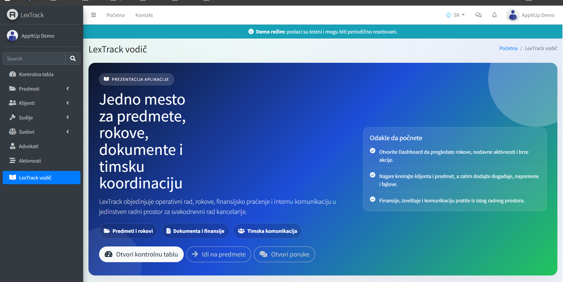 Screenshot LexTrack aplikacije