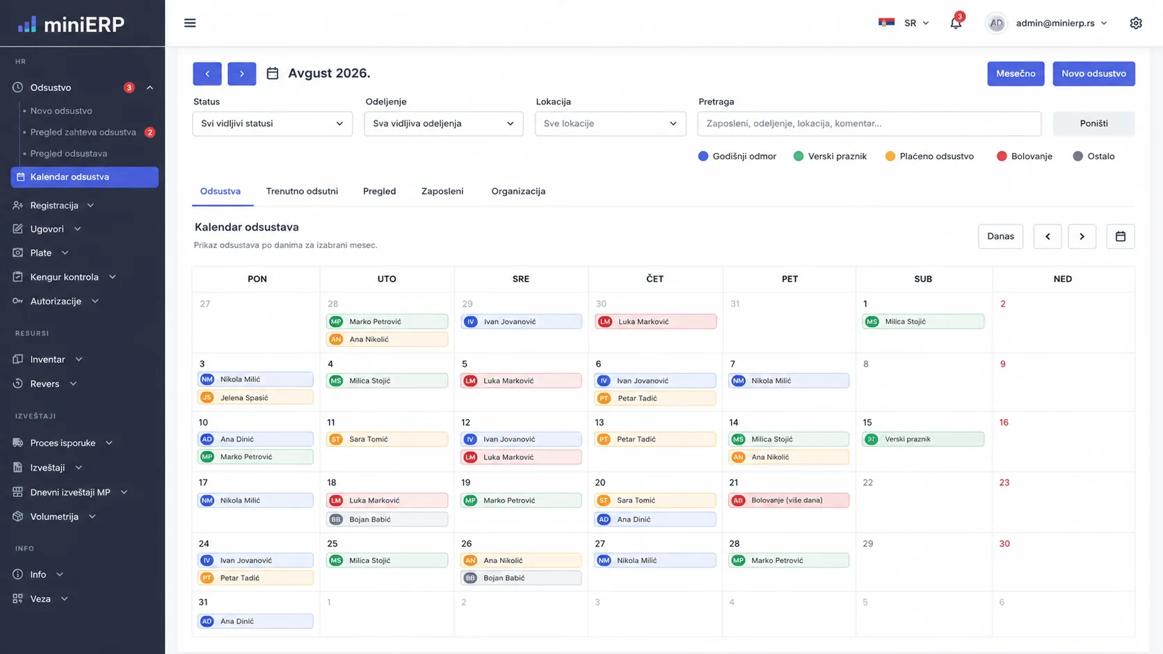 miniERP — Kalendar odsustava